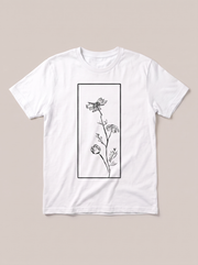 Tall Wildflower Frame T-Shirt - White Shirt / Black Design hand-painted flat-lay mockup