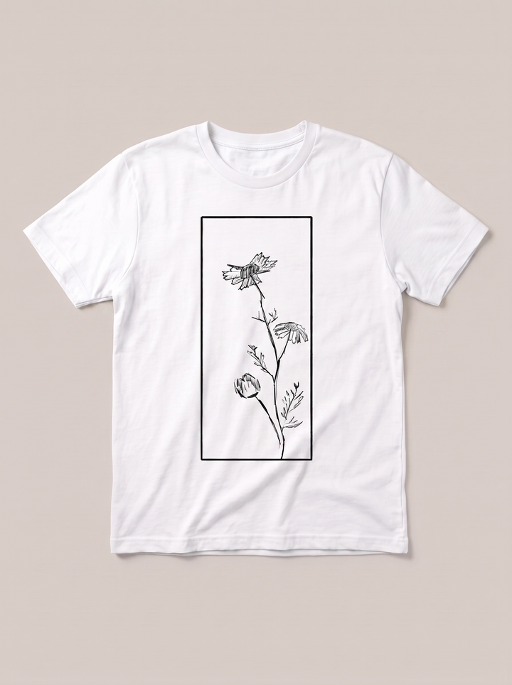 Tall Wildflower Frame T-Shirt - White Shirt / Black Design hand-painted flat-lay mockup