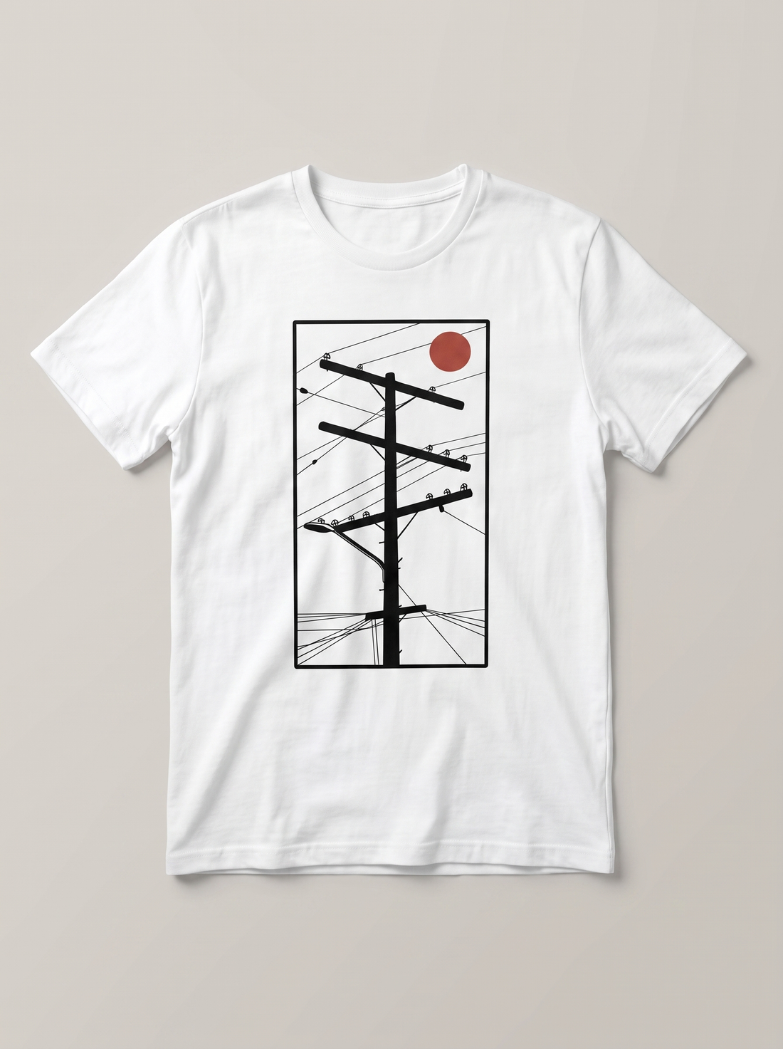 Utility Pole Red Sun Urban White T-Shirt - Black Linework variant product mockup