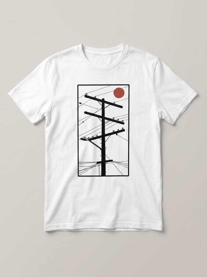 Utility Pole Red Sun Urban White T-Shirt - Black Linework variant product mockup